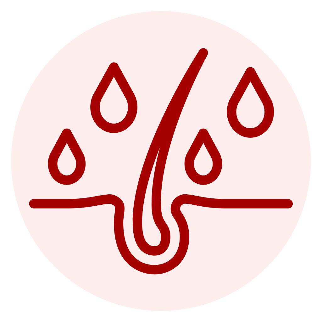 Icon of a hair strand with droplets on a white circle against a green background