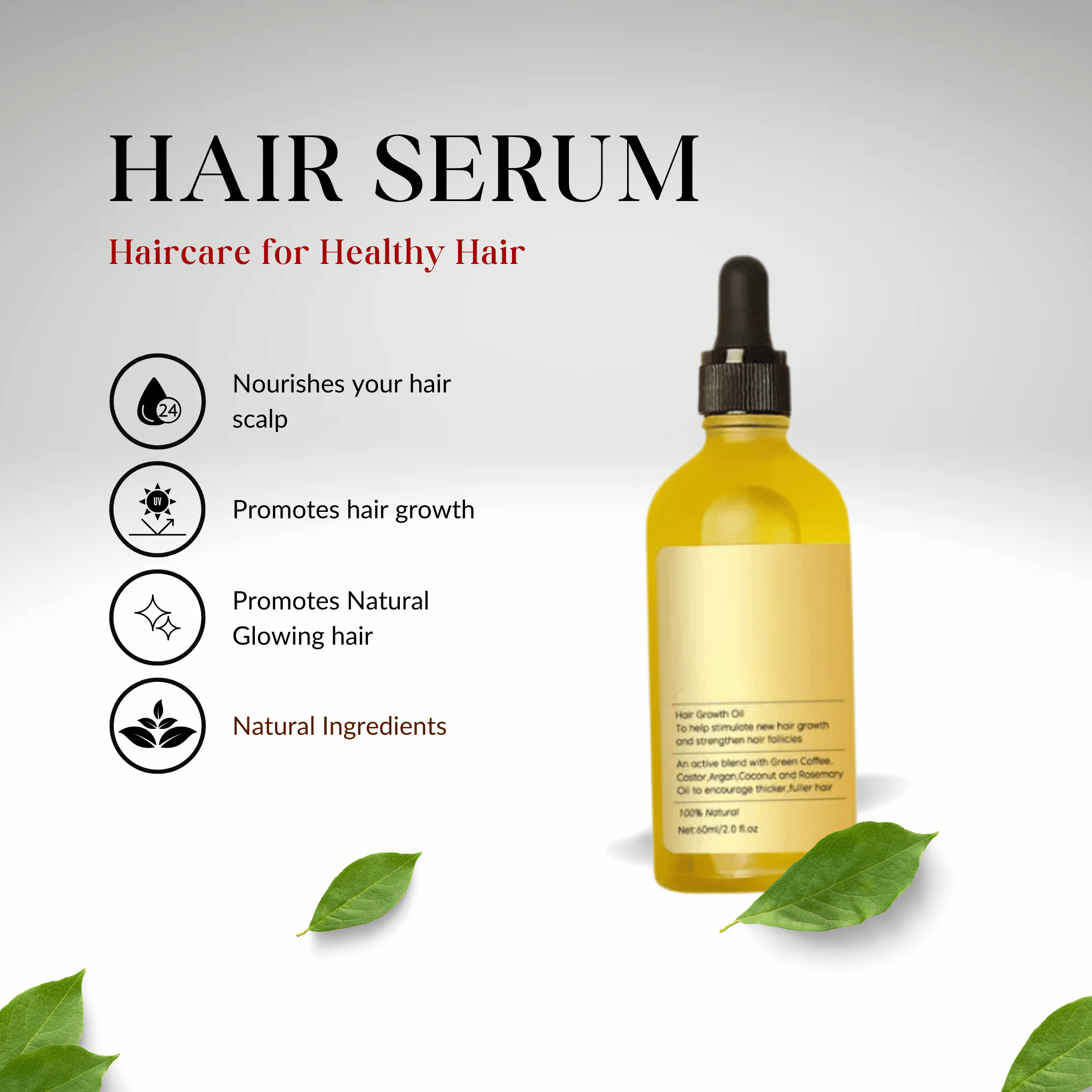 Aglowra Hair serum bottle for hair care with green leaves on a light gray background
