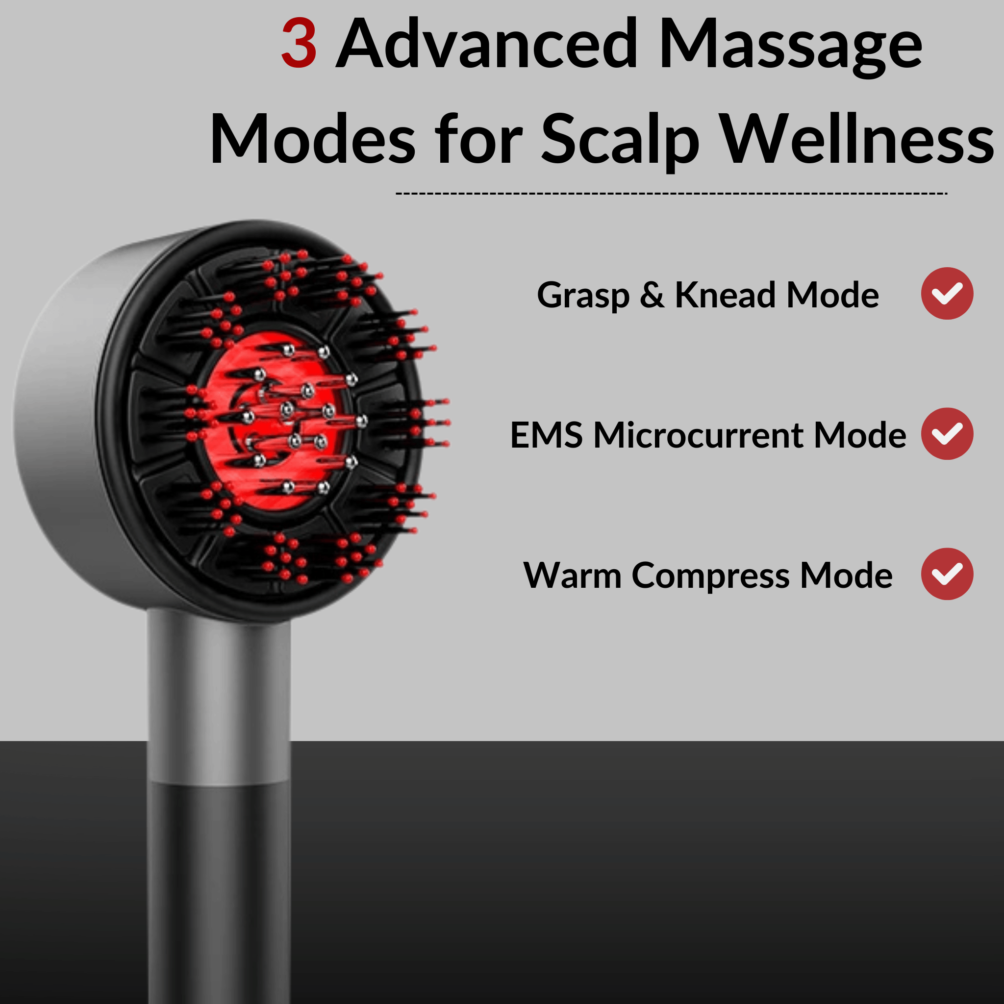 Hair massager with three advanced massage modes on a gray background