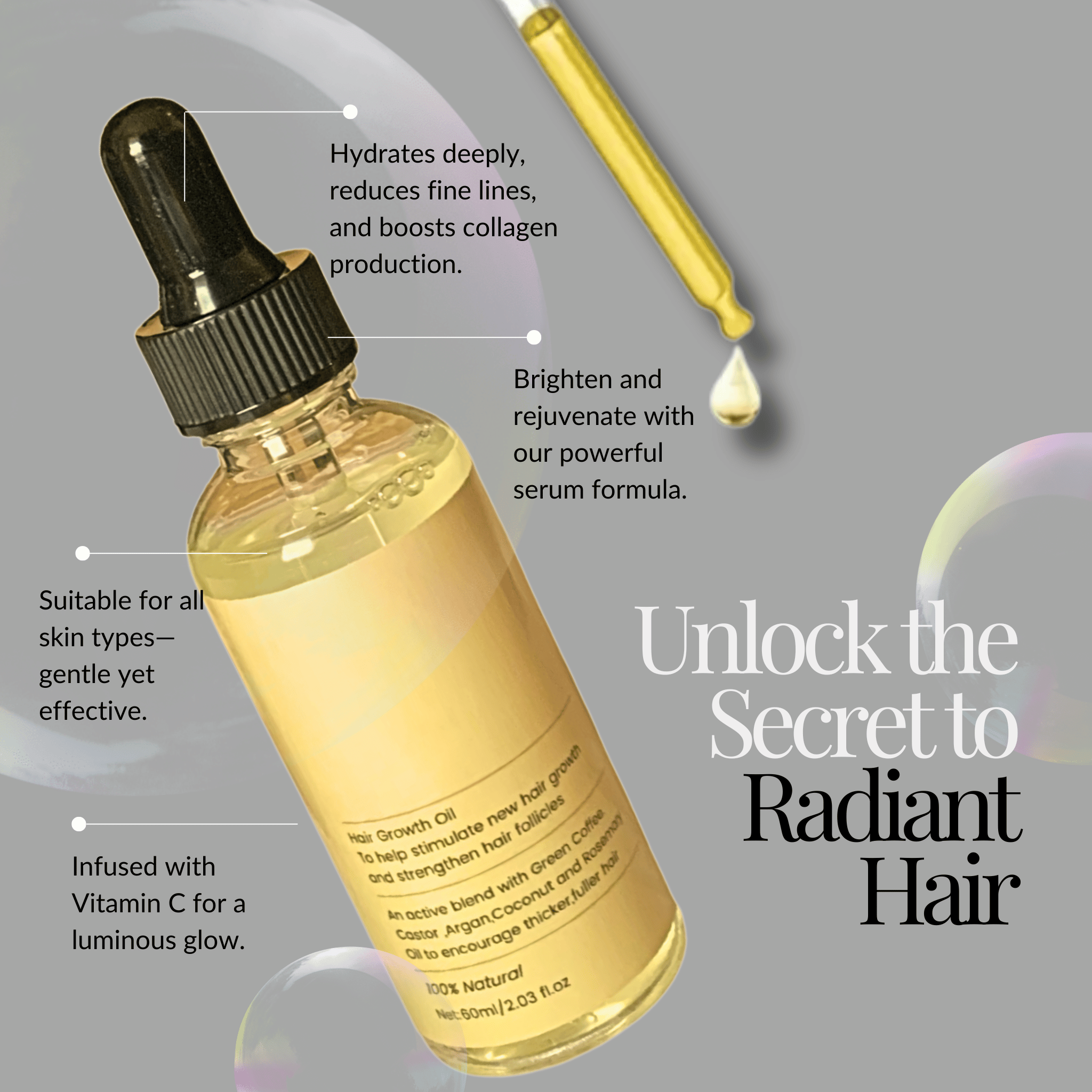 Dropper applying Aglowra castor and rosemary scalp oil — stimulates hair follicles and boosts growth