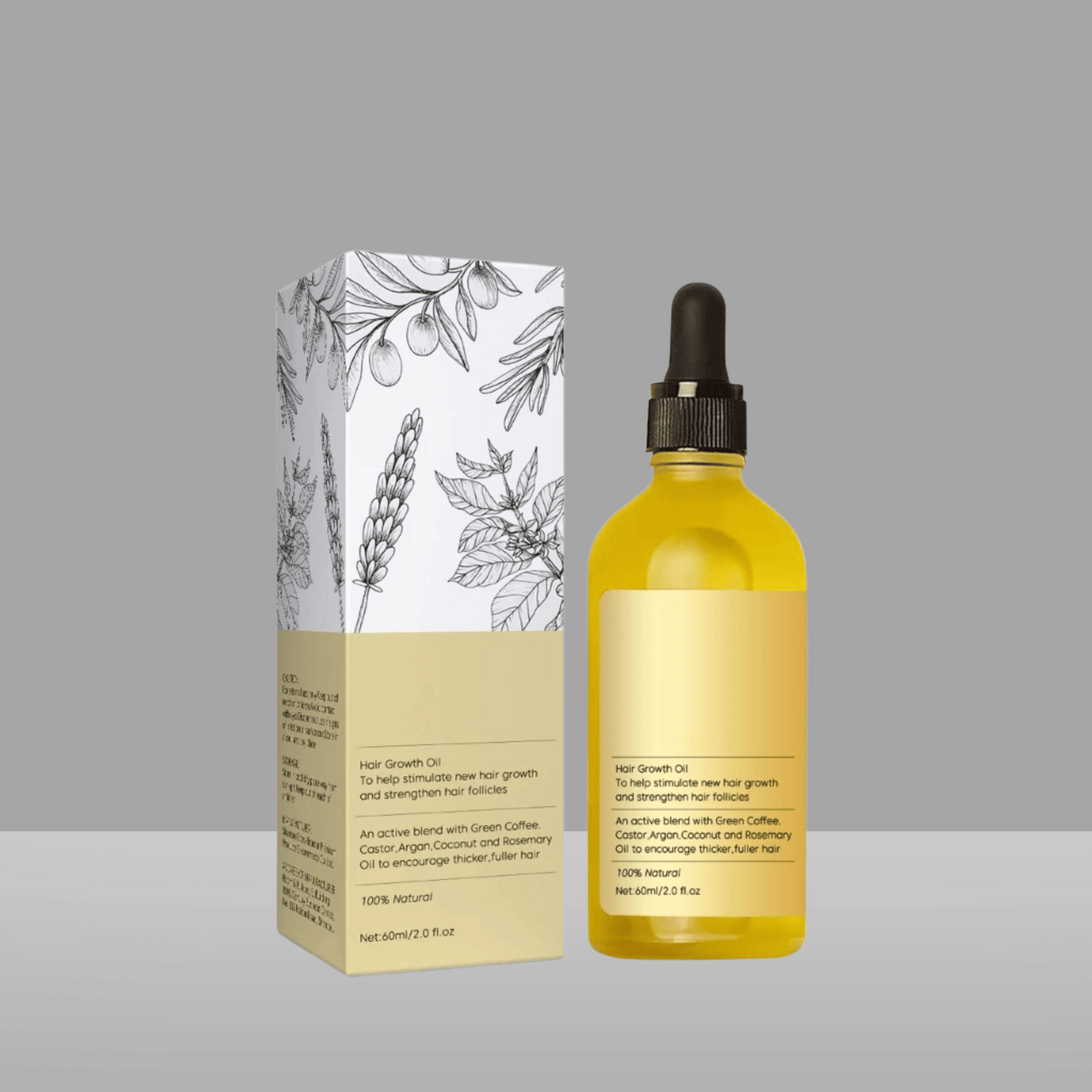 Natural hair growth oil bottle and packaging on a gray background